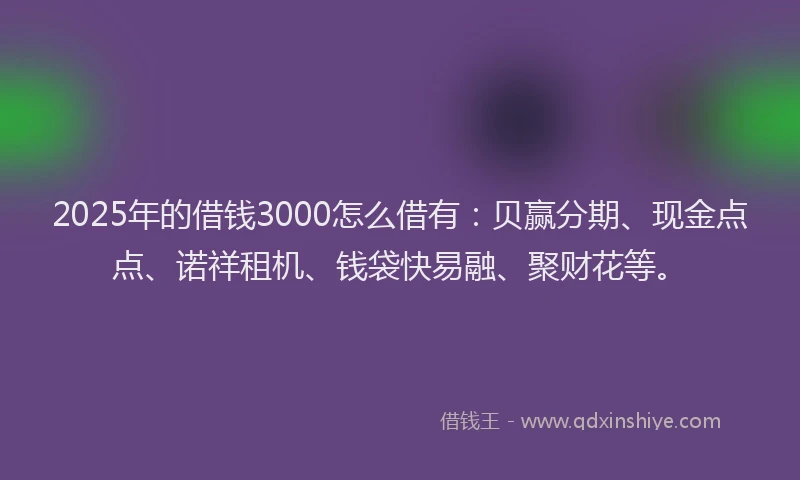 2025年的借钱3000怎么借有：贝赢分期、现金点点、诺祥租机、钱袋快易融、聚财花等。