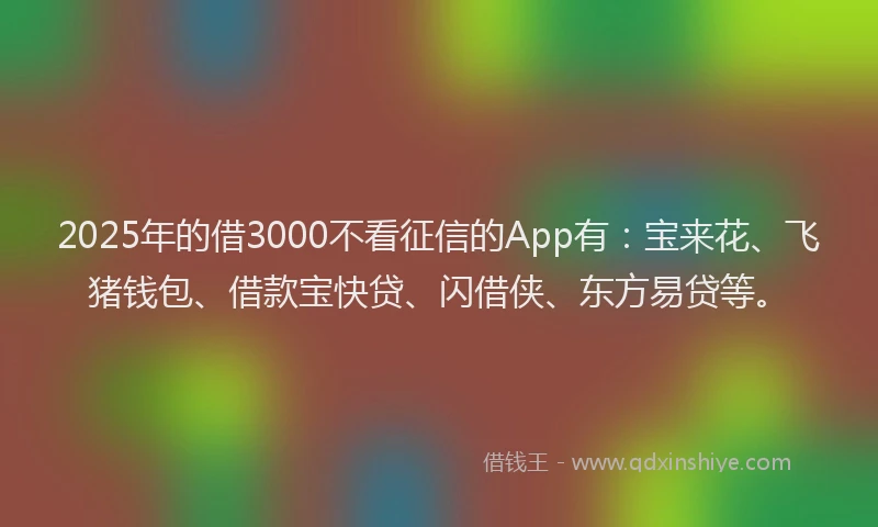 2025年的借3000不看征信的App有：宝来花、飞猪钱包、借款宝快贷、闪借侠、东方易贷等。