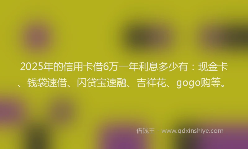 2025年的信用卡借6万一年利息多少有：现金卡、钱袋速借、闪贷宝速融、吉祥花、gogo购等。