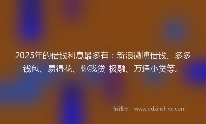 2025年的借钱利息最多有：新浪微博借钱、多多钱包、易得花、你我贷-极融、万通小贷等。