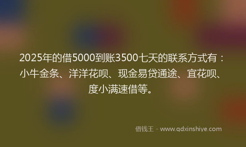 2025年的借5000到账3500七天的联系方式有：小牛金条、洋洋花呗、现金易贷通途、宜花呗、度小满速借等。