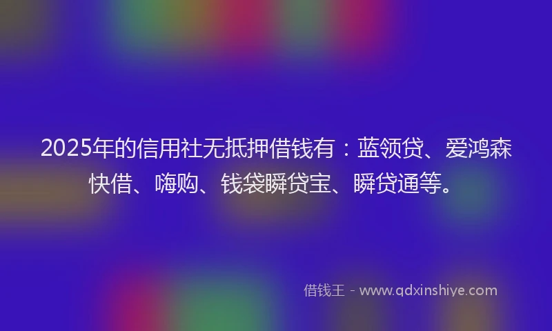 2025年的信用社无抵押借钱有：蓝领贷、爱鸿森快借、嗨购、钱袋瞬贷宝、瞬贷通等。