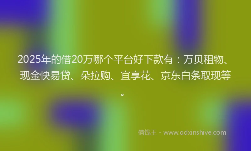 2025年的借20万哪个平台好下款有：万贝租物、现金快易贷、朵拉购、宜享花、京东白条取现等。