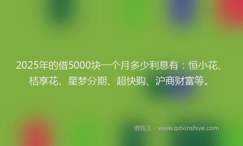 2025年的借5000块一个月多少利息有：恒小花、桔享花、星梦分期、超快购、沪商财富等。