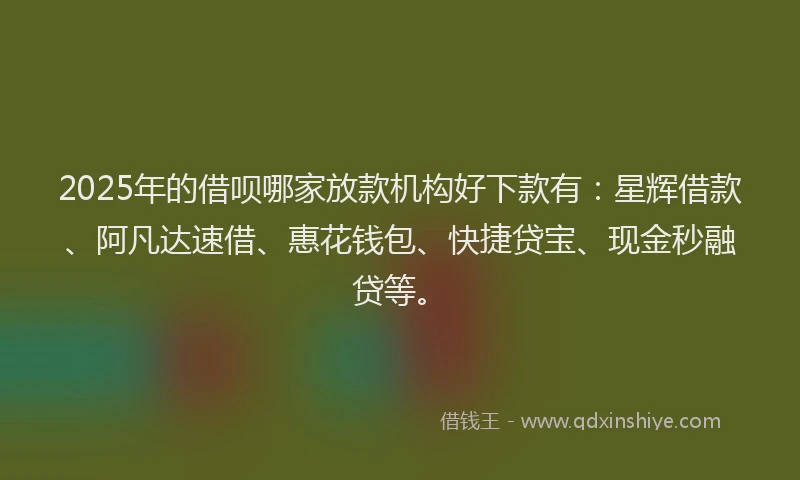 2025年的借呗哪家放款机构好下款有：星辉借款、阿凡达速借、惠花钱包、快捷贷宝、现金秒融贷等。