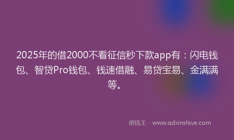 2025年的借2000不看征信秒下款app有：闪电钱包、智贷Pro钱包、钱速借融、易贷宝易、金满满等。