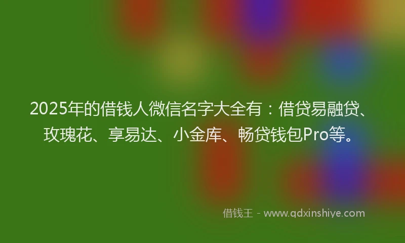2025年的借钱人微信名字大全有：借贷易融贷、玫瑰花、享易达、小金库、畅贷钱包Pro等。