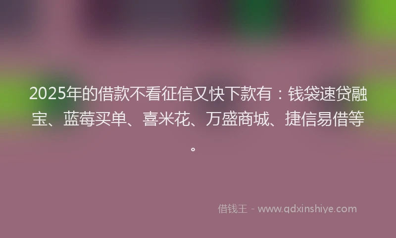2025年的借款不看征信又快下款有：钱袋速贷融宝、蓝莓买单、喜米花、万盛商城、捷信易借等。