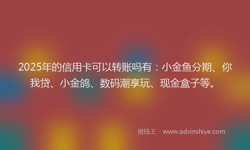 2025年的信用卡可以转账吗有：小金鱼分期、你我贷、小金鸽、数码潮享玩、现金盒子等。