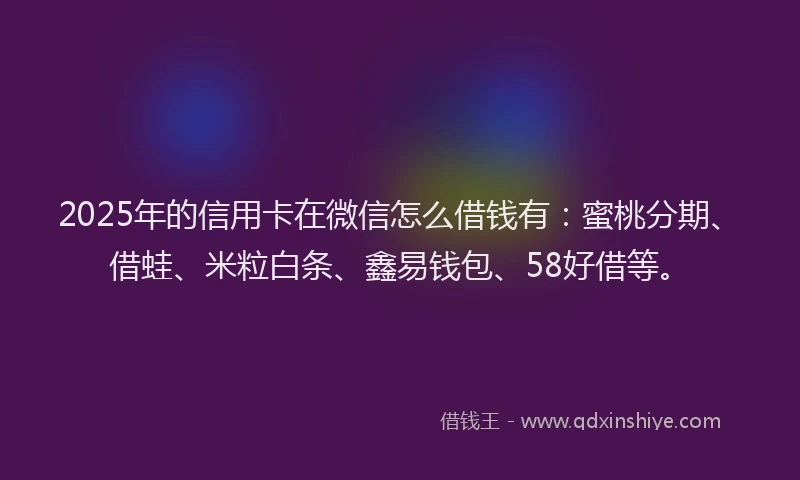 2025年的信用卡在微信怎么借钱有：蜜桃分期、借蛙、米粒白条、鑫易钱包、58好借等。