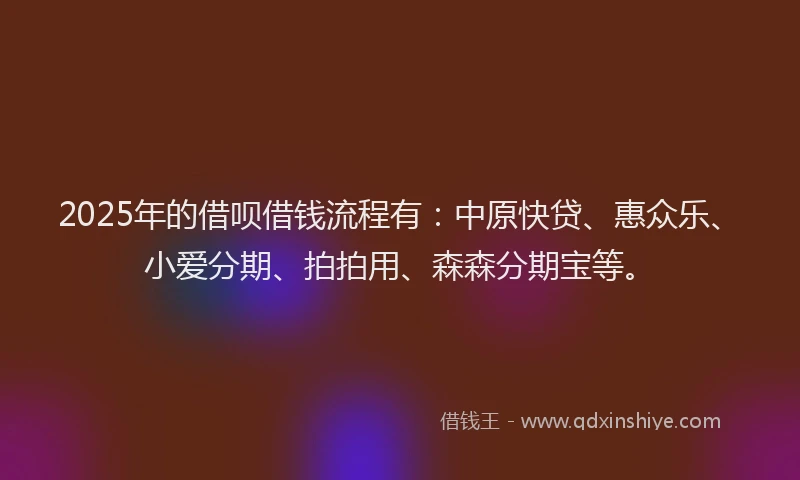 2025年的借呗借钱流程有：中原快贷、惠众乐、小爱分期、拍拍用、森森分期宝等。