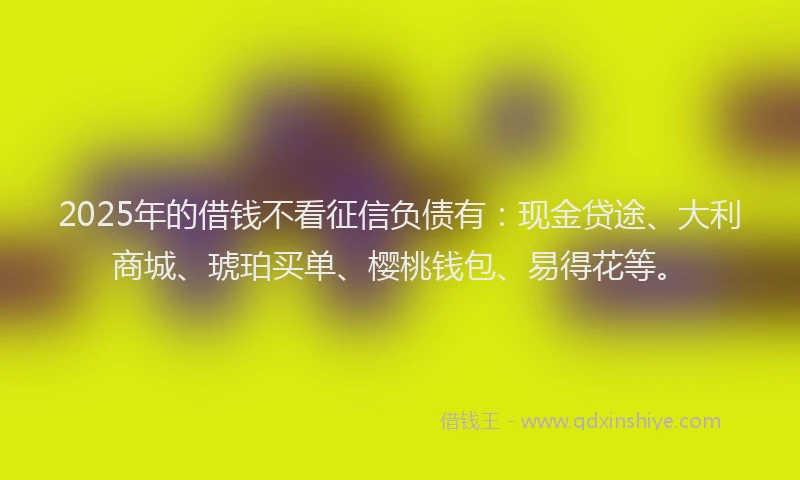 2025年的借钱不看征信负债有：现金贷途、大利商城、琥珀买单、樱桃钱包、易得花等。