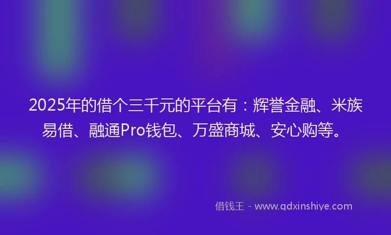 2025年的借个三千元的平台有：辉誉金融、米族易借、融通Pro钱包、万盛商城、安心购等。