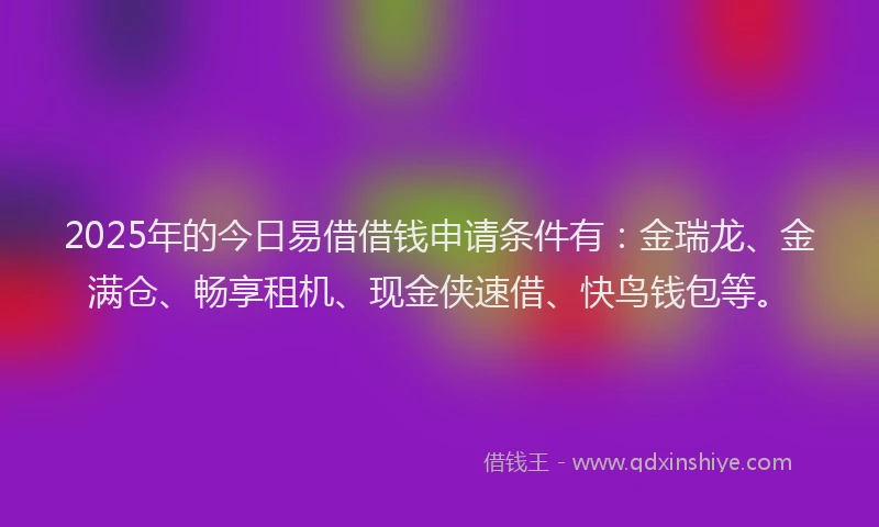 2025年的今日易借借钱申请条件有：金瑞龙、金满仓、畅享租机、现金侠速借、快鸟钱包等。