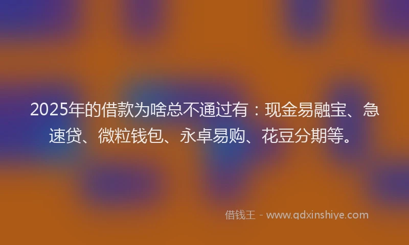 2025年的借款为啥总不通过有：现金易融宝、急速贷、微粒钱包、永卓易购、花豆分期等。