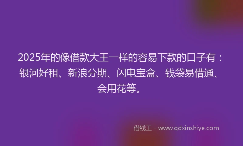 2025年的像借款大王一样的容易下款的口子有：银河好租、新浪分期、闪电宝盒、钱袋易借通、会用花等。