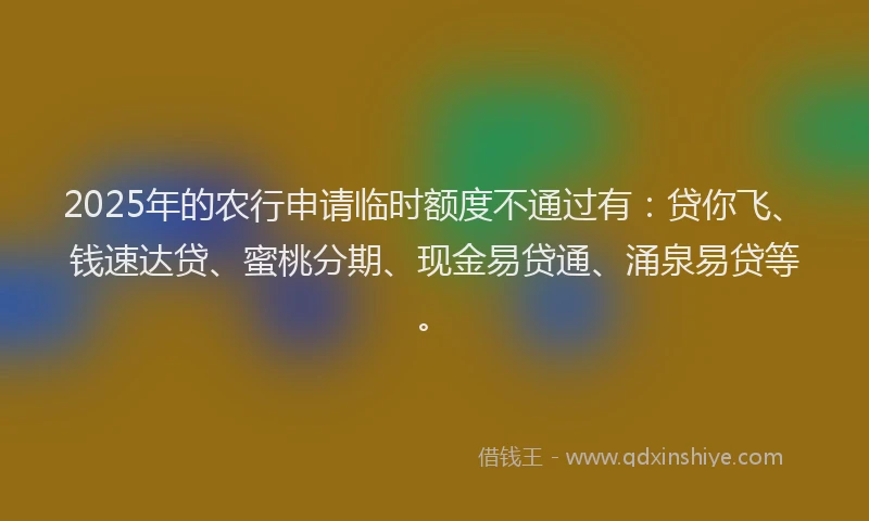2025年的农行申请临时额度不通过有：贷你飞、钱速达贷、蜜桃分期、现金易贷通、涌泉易贷等。