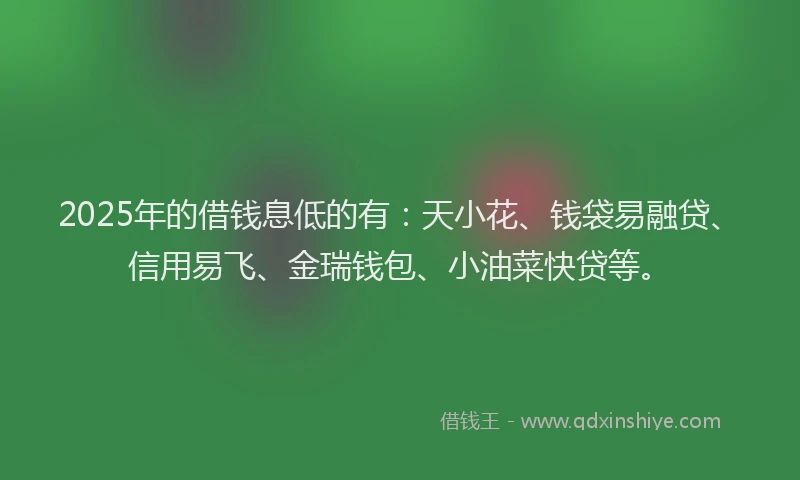 2025年的借钱息低的有：天小花、钱袋易融贷、信用易飞、金瑞钱包、小油菜快贷等。