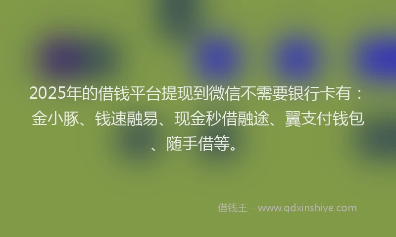 2025年的借钱平台提现到微信不需要银行卡有：金小豚、钱速融易、现金秒借融途、翼支付钱包、随手借等。