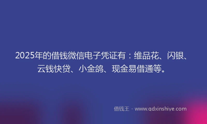 2025年的借钱微信电子凭证有：维品花、闪银、云钱快贷、小金鸽、现金易借通等。