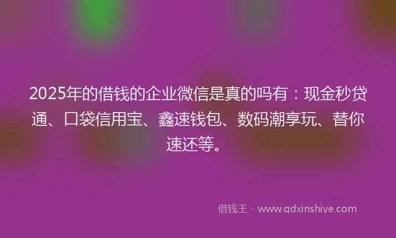 2025年的借钱的企业微信是真的吗有：现金秒贷通、口袋信用宝、鑫速钱包、数码潮享玩、替你速还等。