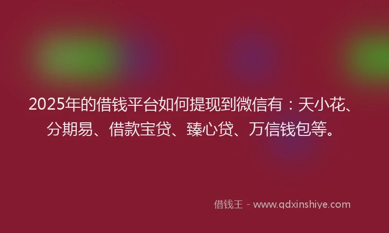 2025年的借钱平台如何提现到微信有：天小花、分期易、借款宝贷、臻心贷、万信钱包等。