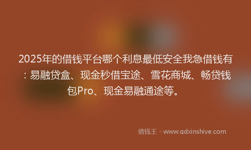 2025年的借钱平台哪个利息最低安全我急借钱有：易融贷盒、现金秒借宝途、雪花商城、畅贷钱包Pro、现金易融通途等。