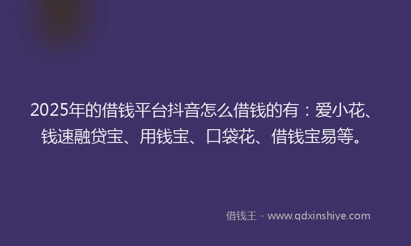 2025年的借钱平台抖音怎么借钱的有：爱小花、钱速融贷宝、用钱宝、口袋花、借钱宝易等。
