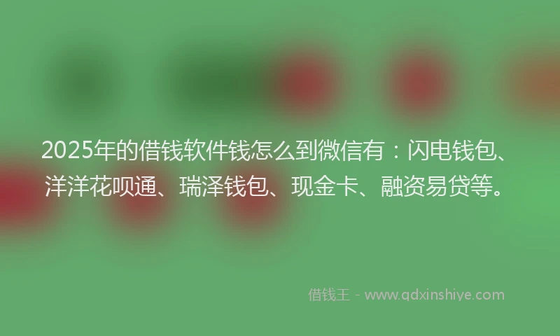2025年的借钱软件钱怎么到微信有：闪电钱包、洋洋花呗通、瑞泽钱包、现金卡、融资易贷等。