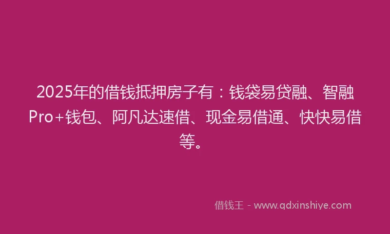 2025年的借钱抵押房子有：钱袋易贷融、智融Pro+钱包、阿凡达速借、现金易借通、快快易借等。