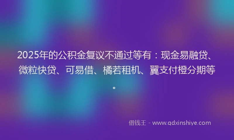2025年的公积金复议不通过等有：现金易融贷、微粒快贷、可易借、橘若租机、翼支付橙分期等。