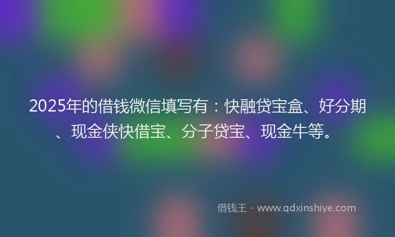 2025年的借钱微信填写有：快融贷宝盒、好分期、现金侠快借宝、分子贷宝、现金牛等。