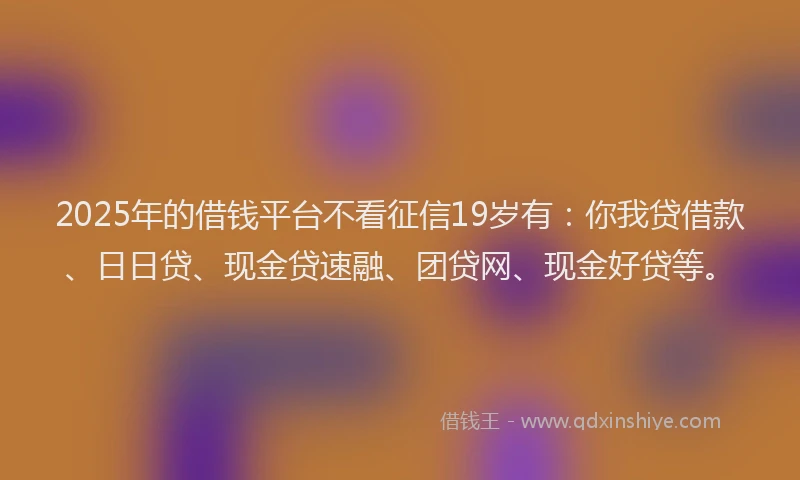 2025年的借钱平台不看征信19岁有：你我贷借款、日日贷、现金贷速融、团贷网、现金好贷等。