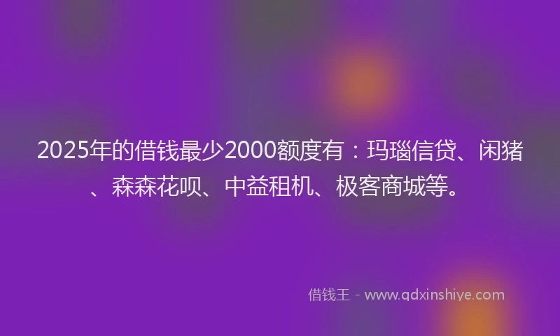 2025年的借钱最少2000额度有：玛瑙信贷、闲猪、森森花呗、中益租机、极客商城等。