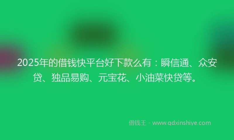 2025年的借钱快平台好下款么有：瞬信通、众安贷、独品易购、元宝花、小油菜快贷等。