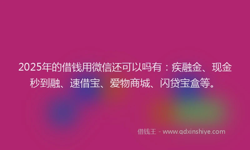 2025年的借钱用微信还可以吗有：疾融金、现金秒到融、速借宝、爱物商城、闪贷宝盒等。