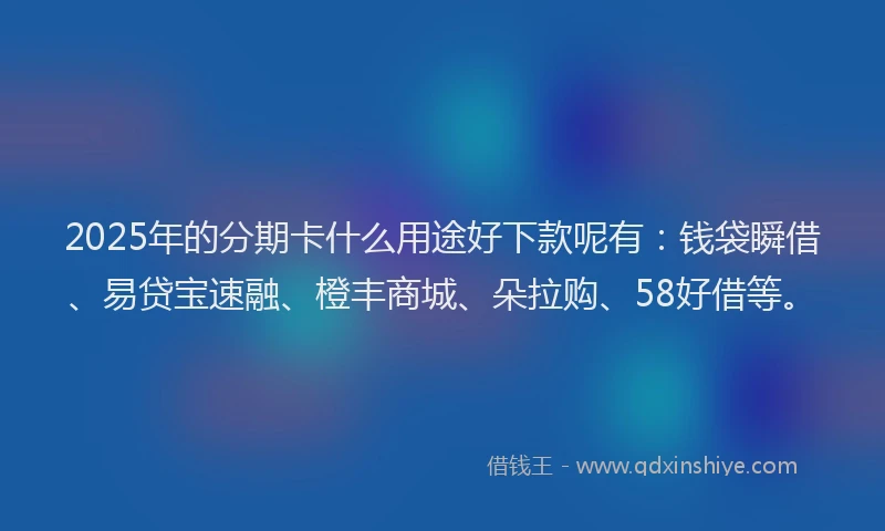 2025年的分期卡什么用途好下款呢有：钱袋瞬借、易贷宝速融、橙丰商城、朵拉购、58好借等。