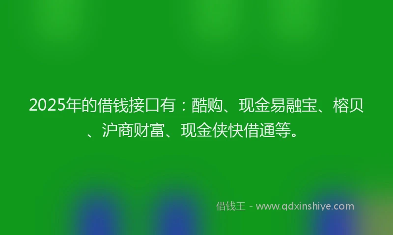 2025年的借钱接口有：酷购、现金易融宝、榕贝、沪商财富、现金侠快借通等。