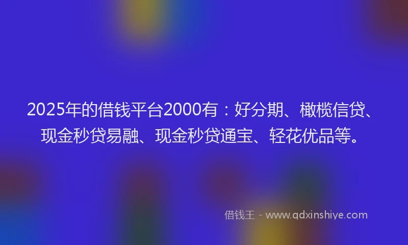 2025年的借钱平台2000有：好分期、橄榄信贷、现金秒贷易融、现金秒贷通宝、轻花优品等。