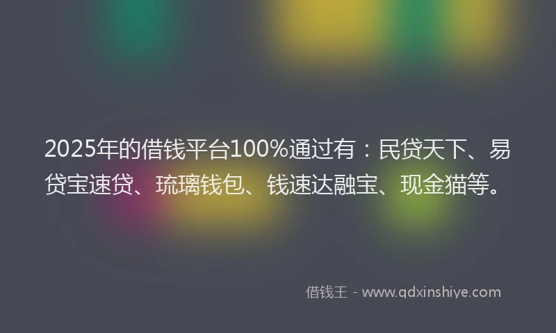2025年的借钱平台100%通过有：民贷天下、易贷宝速贷、琉璃钱包、钱速达融宝、现金猫等。