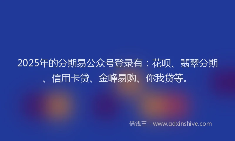 2025年的分期易公众号登录有：花呗、翡翠分期、信用卡贷、金峰易购、你我贷等。