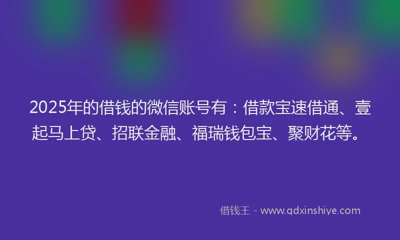 2025年的借钱的微信账号有：借款宝速借通、壹起马上贷、招联金融、福瑞钱包宝、聚财花等。