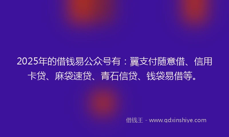 2025年的借钱易公众号有：翼支付随意借、信用卡贷、麻袋速贷、青石信贷、钱袋易借等。