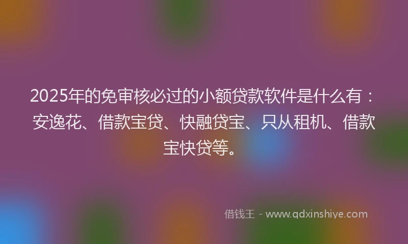 2025年的免审核必过的小额贷款软件是什么有：安逸花、借款宝贷、快融贷宝、只从租机、借款宝快贷等。