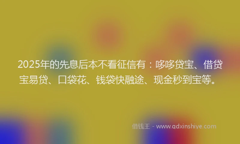 2025年的先息后本不看征信有：哆哆贷宝、借贷宝易贷、口袋花、钱袋快融途、现金秒到宝等。