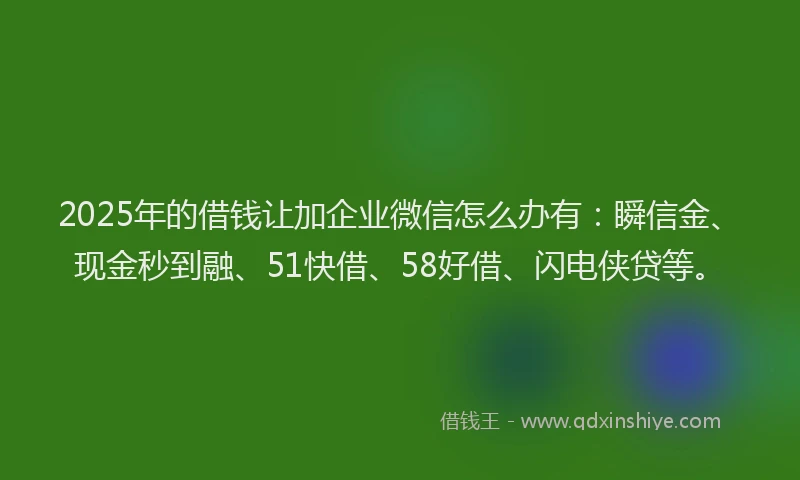 2025年的借钱让加企业微信怎么办有：瞬信金、现金秒到融、51快借、58好借、闪电侠贷等。