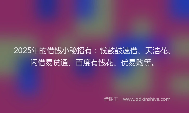 2025年的借钱小秘招有：钱鼓鼓速借、天浩花、闪借易贷通、百度有钱花、优易购等。
