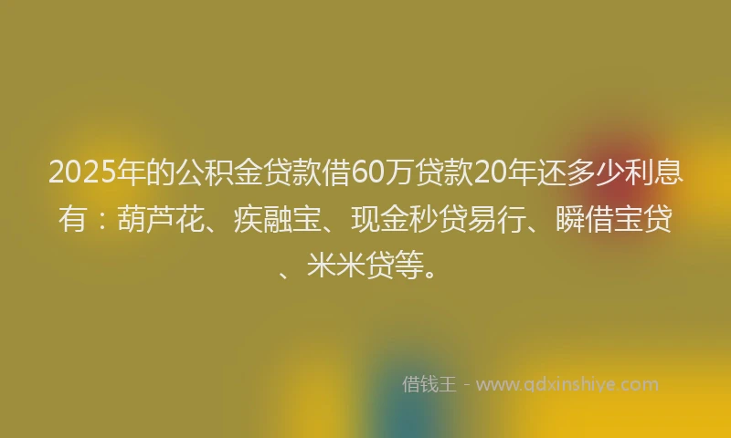 2025年的公积金贷款借60万贷款20年还多少利息有：葫芦花、疾融宝、现金秒贷易行、瞬借宝贷、米米贷等。