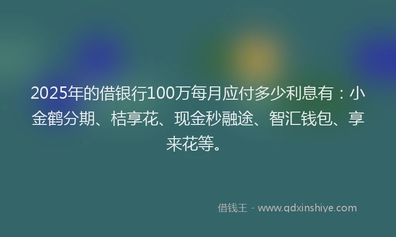 2025年的借银行100万每月应付多少利息有：小金鹤分期、桔享花、现金秒融途、智汇钱包、享来花等。