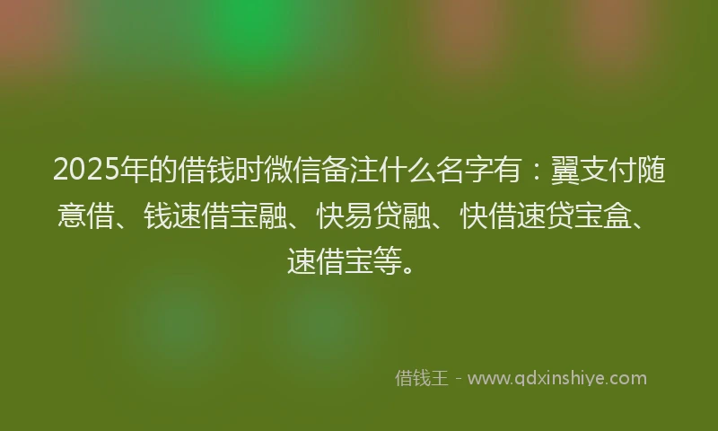 2025年的借钱时微信备注什么名字有：翼支付随意借、钱速借宝融、快易贷融、快借速贷宝盒、速借宝等。